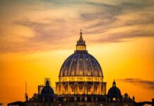 Vatican Power Play: Latin Mass On Ice St. Peter's Basilica dome at sunset