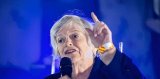 Older woman speaking with microphone, hand raised