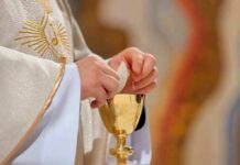 Communion Controversy Erupts at Papal Liturgy Priest holding a communion wafer over a gold chalice