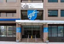 aft headquarters building entrance with blue shield logo