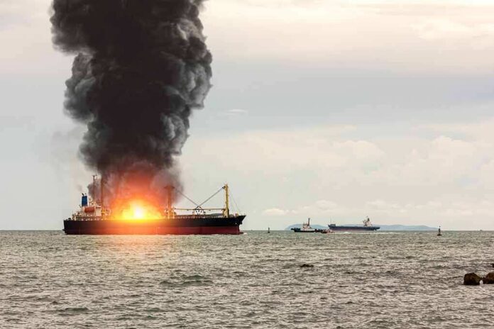 shutterstock_1941159202 Cargo ship on fire with thick black smoke at sea