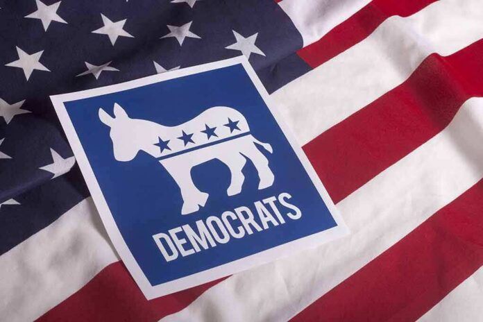 shutterstock_305852246 Democratic Party donkey symbol on American flag