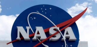 NASA logo on a large blue circular sign