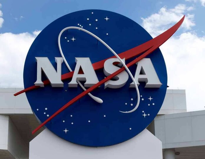 shutterstock_317811290 NASA logo on a large blue circular sign