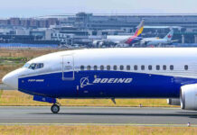 Trade War Turbulence Hits Flyers Boeing 737-800 on airport runway with other planes.