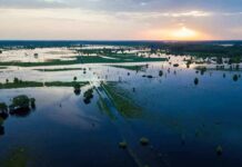 Himalayan Downpours Turn Deadly Aerial view of flooded farmland at sunset