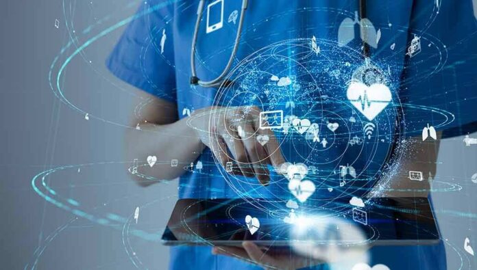 Healthcare professional using a digital tablet with medical data icons