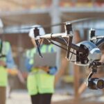 Terrifying Chase: Drone Targets Market Worker drone with camera flying at construction site
