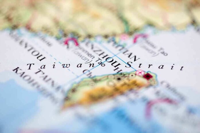 shutterstock_1844392612 Close-up of map showing the Taiwan Strait