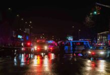 Knife Rampage Shocks Times Square Nighttime police scene with flashing lights on a wet city street
