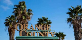 Orange County entrance sign with palm trees