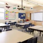 9/11 Teaching Shift Ignites Parental Uproar Empty classroom with tables, chairs, and a whiteboard