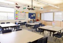 Empty classroom with tables, chairs, and a whiteboard