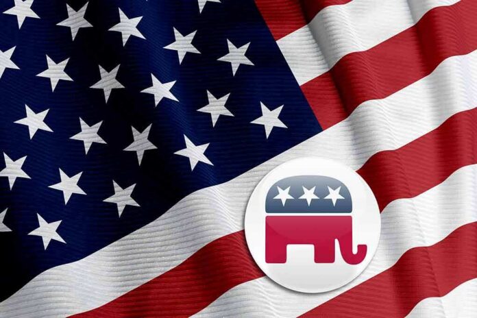 shutterstock_10885669 American flag with Republican elephant emblem