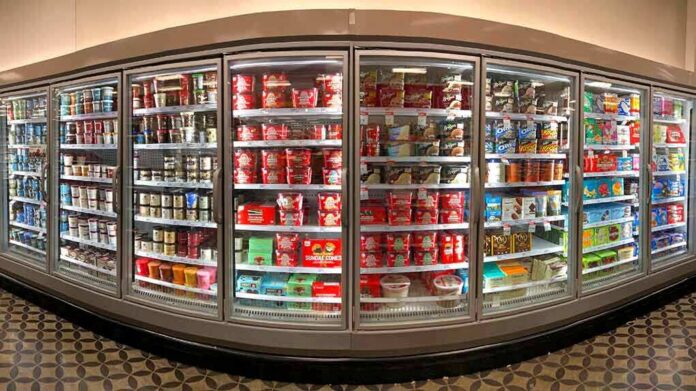 shutterstock_1549156646 Grocery store freezer aisle with ice cream and frozen desserts