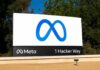 Meta logo sign at 1 Hacker Way outside headquarters