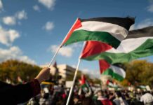 Palestinian Ballots Pushed To 2027 Palestinian flags waving at an outdoor rally