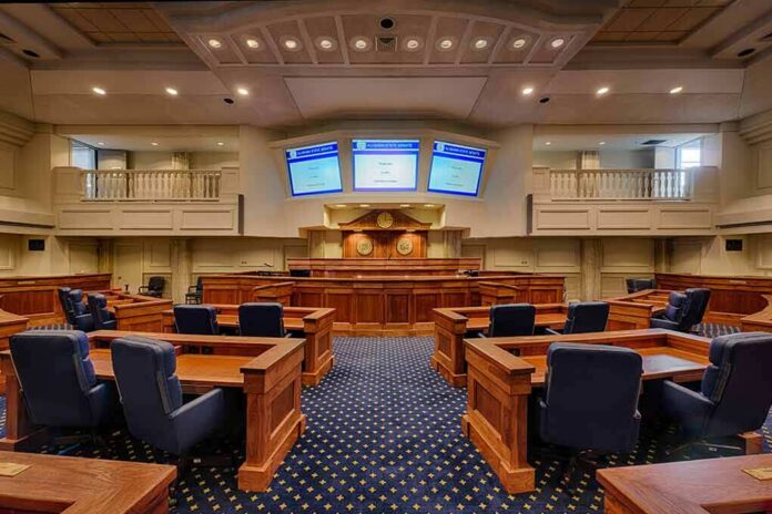 shutterstock_242072563 Courtroom interior with wooden benches and judge's bench